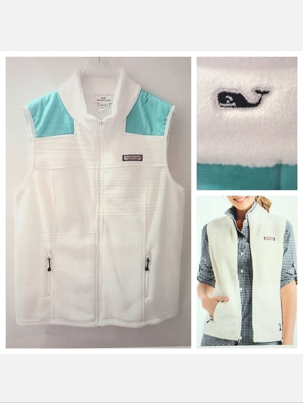 Vineyard Vines Fleece Harbor Vest Martha's Vineyard Winter White/Teal Sz M